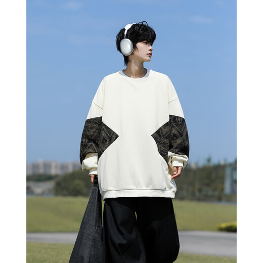 Shelley Jones national fashion sweatshirt men's autumn and winter new loose trendy round neck plus velvet retro splicing trendy brand top clothes men's black XL recommended 125-135Jin Jin equals 0.5 kg