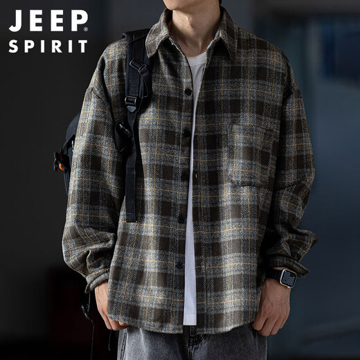 JEEP SPIRIT Jeep brushed thickened plaid shirt men's autumn and winter workwear long-sleeved shirt casual jacket dark gray 2XL
