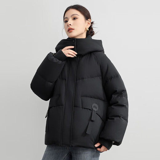 Flying in the snow short down jacket for women 2025 winter new hooded casual thickened warm 90 velvet jacket trendy black XS