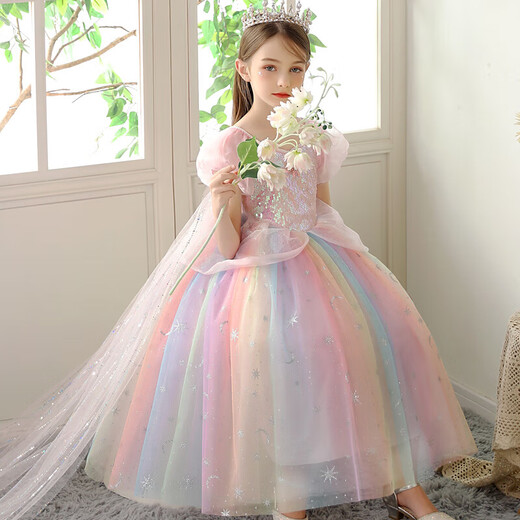 2025 New Summer Elsa Princess Dress Pink Colorful Short-Sleeved Children's Dress Puff Skirt Western Style High-End Pink Neon Princess Dress with Veil 150