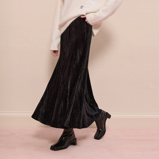 Sancai 2025 winter new velvet skirt elastic waist A-line skirt long skirt elegant temperament M