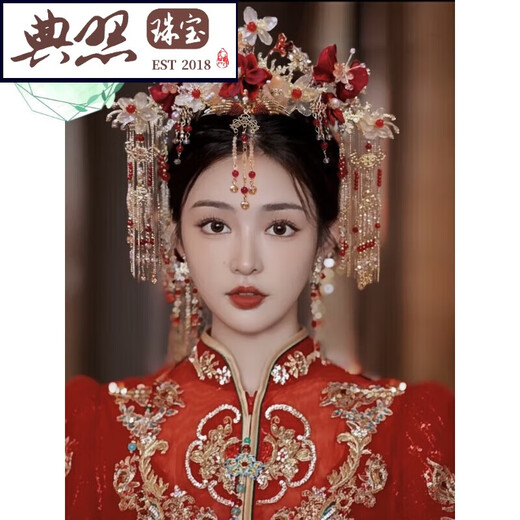Typical photo of Fengguan Xiapei headdress Xiuhe suit Chinese style bride 2025 new red bow glazed hair crown ancient style wedding C main crown + back area + hairpin + earrings gift box
