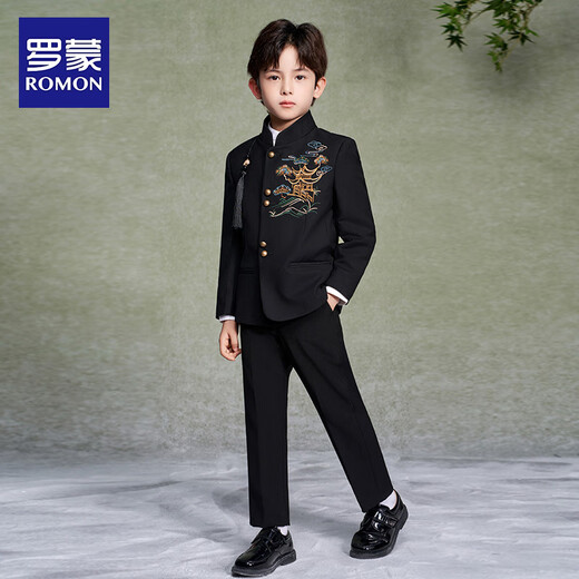 Luo Meng Boys' New Chinese Suit Jacket Tang Suit Chinese Style Tunic Suit Children's Suit Performance Clothing Black 160