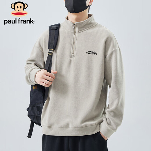 Paul Frank sweatshirt men's Austrian velvet jacket men's spring and autumn loose casual warm thick bottoming shirt bamboo gray XL