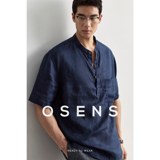 OSENS Men's Wear 21 Count 100% Natural Linen Vintage Henley Collar T-shirt Half-front Men's Short-Sleeved Shirt Summer Nautilus Ready in Stock M (170/92A)
