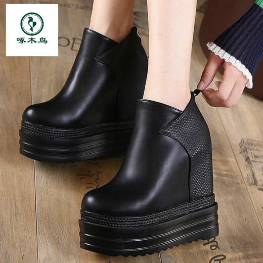 Woodpecker's new genuine leather Martin boots 12 thick-soled wedge short boots ultra-high heels platform women's boots with increased height and velvet naked boots black (heel height 14 cm single mile) 35