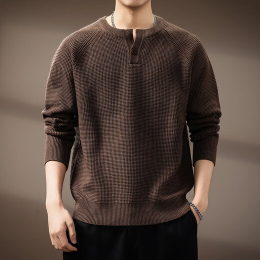 Noble color high-end American retro Henry collar men's sweater autumn new trendy brand loose lazy style casual sweater for men Brown S