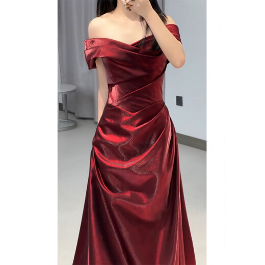 Wutuo one-shoulder toast dress burgundy wedding evening dress female host engagement banquet light luxury bride burgundy M
