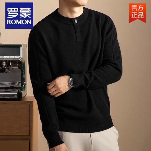 ROMON's new autumn and winter single-button Henry collar sweater for men, wool blended waffle texture pullover sweater, black L