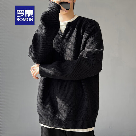 ROMON trendy brand American retro twist sweater men's winter high-end layered Henry V-neck knitted bottoming shirt Navy XL