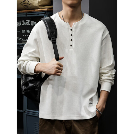 Spring and Autumn New 2025 Pure Cotton Henley Collar Men's Sweater Loose Long Sleeve T-Shirt American Top White Bottoming Shirt BN201 White Velvet L Suitable Weight 130-145Jin Jin is equal to 0.5 kg
