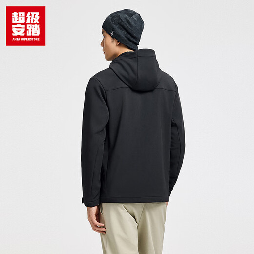 Super ANTA Cloud Shell丨Fleece Sports Jacket Men's Autumn and Winter Water-Repellent Hiking Commuting Jacket 152546607U Zipper Pocket Basic Black-6 L/Male 175