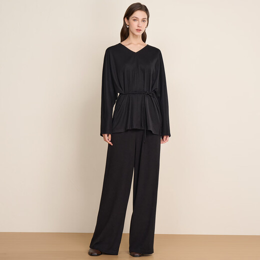 EITIE Elegant Loose Bat Sleeve Black V-neck Tie Top 2025 Autumn and Winter New Long Sleeve Shirt D2513907V Minimalist Black 20 XL (170)