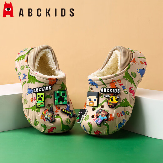 ABC KIDS children's cotton slippers 2025 winter new style non-slip plus velvet Minecraft warm baby cotton shoes for boys and girls light gray 32-33 inner length 20cm/foot length 19-19.7cm