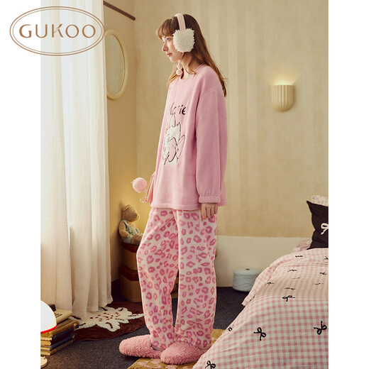Gukoo pajamas for women winter Disney and Mary Cat joint plush warm and sweet leopard print women's home wear set D peach pomelo set S
