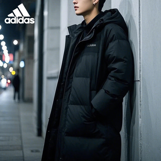 Adidas long down jacket for men and women, duck down hooded warm, windproof and anti-diamond velvet trendy jacket L size