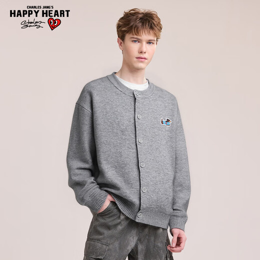 Charles Heart Japanese Cardigan Button Sweater for Men and Women Autumn and Winter Puppy Embroidered Sweater Couple Tops Dark Gray XL