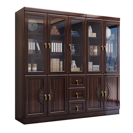 Hexi new Chinese style ebony solid wood bookcase glass door floor-standing integrated storage cabinet living room storage display cabinet shelf ebony wood three-door bookcase