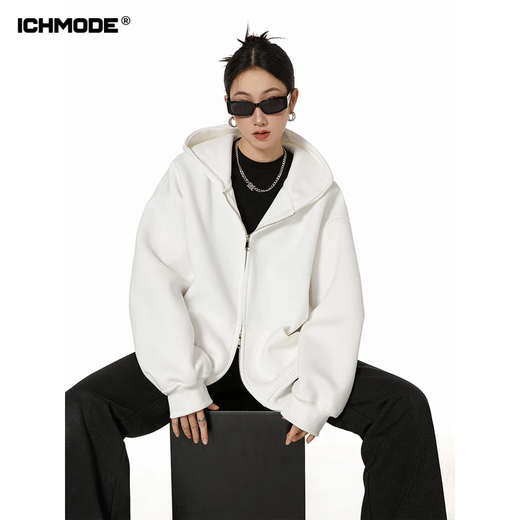 ICH MODE American sweatshirt jacket women's autumn and winter new loose hooded double zipper cardigan lazy long-sleeved jacket light gray L