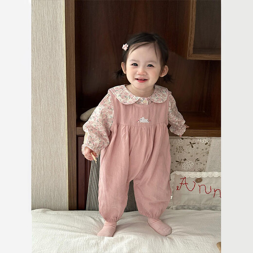 Xinnan Baby Autumn Clothes Winter One-Year-Old Girl Toddler Clothing Doll Collar Shirt Overalls Two-piece Baby Clothes Pink Floral Bunny Suspender Set 90 Codes