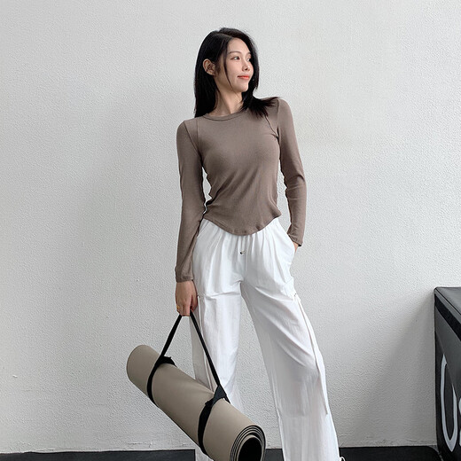 KEJIMITAO European and American ins sports long-sleeved T-shirt women's round neck yoga clothes slim fit breathable fitness Pilates quick-drying top hemp gray S recommended (85-98Jin Jin equals 0.5 kg)