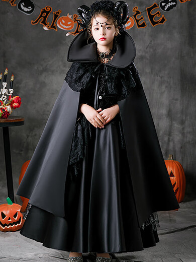 Bei Haomeng MERRIER SWEETIE Halloween girls dress character witch vampire costume dark queen dress up little devil masquerade night witch + horn + staff necklace + Halloween stickers one size 150cm