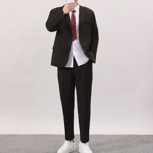 GOKU youth college style suit suit male high school student graduation photo uniform loose handsome DK tie suit jacket black suit + white long-sleeved shirt + trousers + red tie XL Height 165-180cm Weight 120-135 Jin Jin is equal to 0.5 kg
