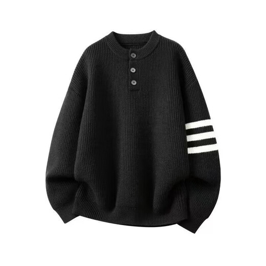 Henry collar sweater for men, autumn and winter warm outerwear, trendy brand lazy sweater, black L