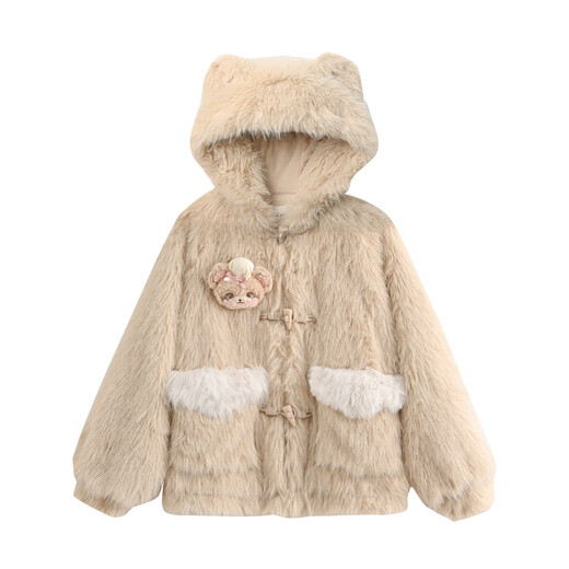 Mori Girl Tribe Sweet Style Contrast Color Hooded Fleece Sweater Women 2025 New Bear Design Versatile Loose Jacket Autumn Milk Tea Color Jacket Plus Velvet (With Doll) M