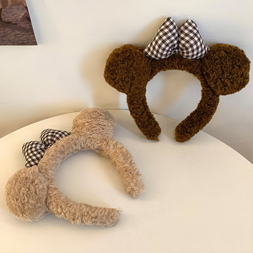 Miao Yijia Sweet Bow Cute Bear Ears Plush Headband Women's Winter Face Wash Makeup Hairband Brown Hairband Trendy Bow Bear Hairband Khaki