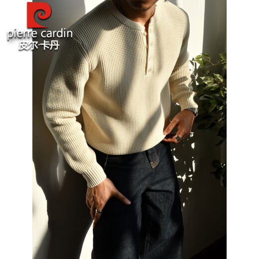 Pierre Cardin thickened sweater men's Henry collar sweater casual cotton heavy sweater American retro bottoming sweater raw cotton color S
