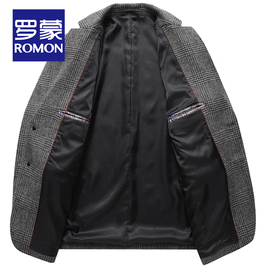 罗蒙含羊毛西服男士春秋双面呢千鸟格子外套男商务休闲单西毛呢西装男 深灰色 170/M码