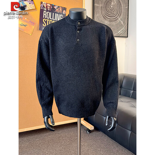 Pierre Cardin black Henry collar sweater for men, autumn old money style long-sleeved T-shirt, American retro lazy top knitted black, upgraded style M