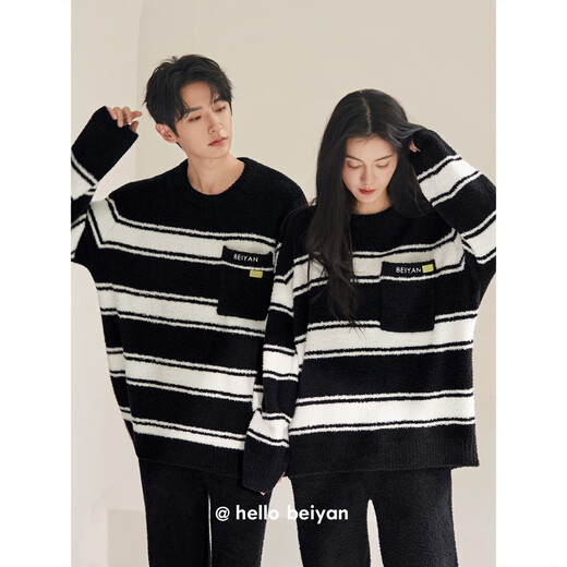 Beiyan Half Velvet Couple Pajamas for Men and Women New Autumn and Winter Striped Coral Velvet Warm Home Clothing Casual Outerwear Suit F60621 Men's L