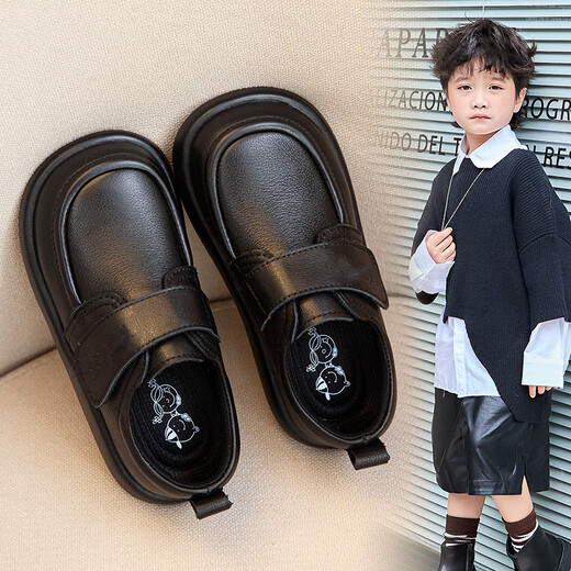 Shepherd Niu (MUTONGNIU) children's leather shoes, genuine black, campus performance student shoes, soft sole, wide head, girls and boys, plus velvet, warm children's shoes, black plus velvet, 24, inner length 15.3CM