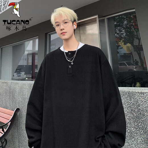 Woodpecker (TUCANO) Henry collar waffle long-sleeved men's autumn American heavy base shirt spring and autumn style lazy style Japanese sweatshirt floral gray 5XL