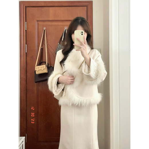 Hengyuanxiang winter clothing with a complete set of large size fat mm new Chinese woolen coat Xiaoxiang style royal sister fashion suit for women two-piece suit L (recommended 100-120 Jin Jin equals 0.5 kg)