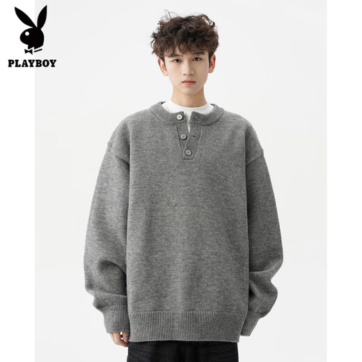 Playboy (PLAYBOY) American solid color Henry collar sweater men's autumn and winter new trendy brand-style sweater casual warm couple jacket light gray XL