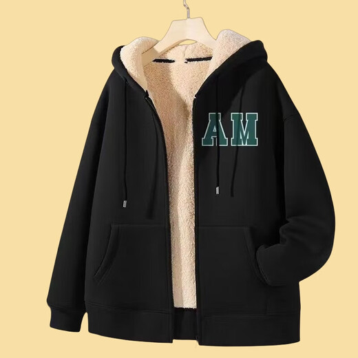 Lamb wool sweatshirt for women in autumn and winter new style plus velvet thickened warm cardigan hooded jacket lazy style loose Jiexiu A18 black L