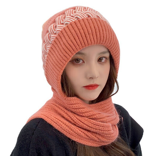 JKASHDK hat and scarf all-in-one women's velvet thickened woolen hat ear protection fashionable knitted hat cycling versatile anti-small label hairband orange adult one size plus velvet thickening