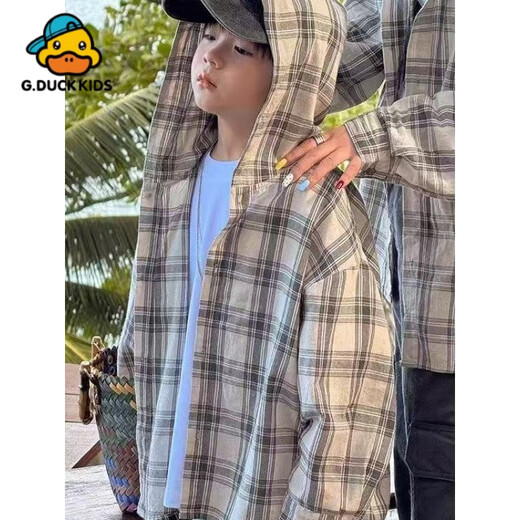 G.duck little yellow duck children's hooded shirt spring, summer and autumn new plaid shirt girls, middle and older children new boys handsome 100-color hooded plaid shirt 110