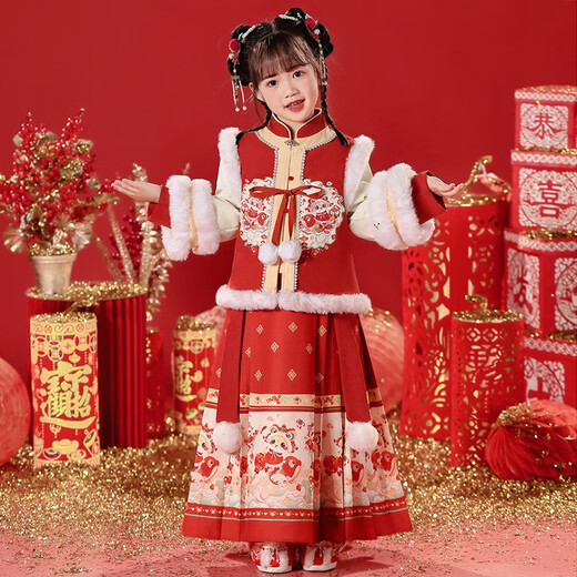 Nisha Beier Girls Hanfu Chinese Style Winter Clothes Horse Face Skirt Set 2025 New Costume Children's Year of the Snake Red 120