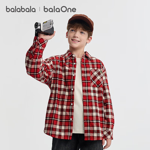 Balabala children's clothing boys' shirts children's big children's clothes new autumn and winter velvet jackets warm plaid shirts versatile red tone 00366 120