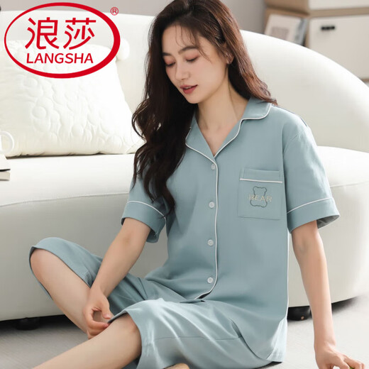 Langsha pyjama en pur coton pour femmes été 2025 nouveau haut de gamme à manches courtes pantalon court grande taille cardigan vêtements d'extérieur pour femmes vêtements de maison n9896 pantalon court/à manches courtes cardigan M (80-100Jin Jin est égal à 0,5 kg)
