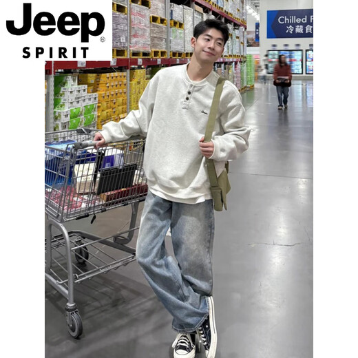 JEEP SPIRIT Henry collar sweatshirt men's spring and autumn hoodless American cleanfit bottoming shirt loose trendy long-sleeved T-shirt with spring dark gray upgraded model XL 130 to 145Jin Jin equals 0.5 kg can be worn