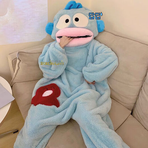 Ugly fish one-piece pajamas autumn and winter coral velvet clownfish new plus velvet thickened cute cartoon one-piece home clothes 50822 clownfish one-piece velvet light blue L 100-120Jin Jin equals 0.5 kg