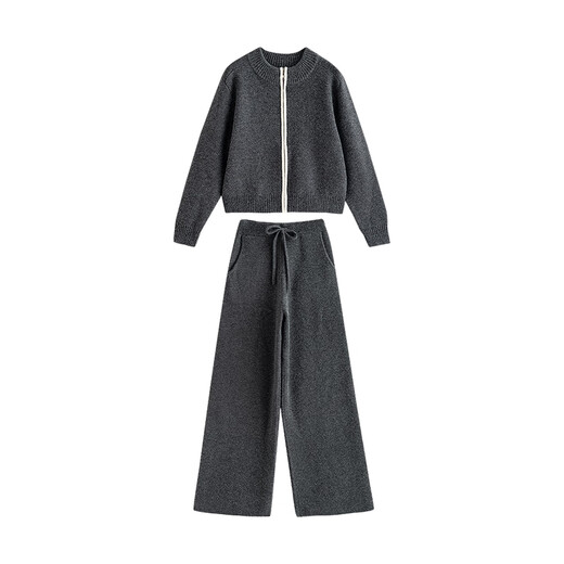 Chuyu Contrast Color Sweater Jacket Wide Leg Pants Women's 2025 Winter New Thick Arctic Velvet Sports Style Two-piece Suit Dark Gray S