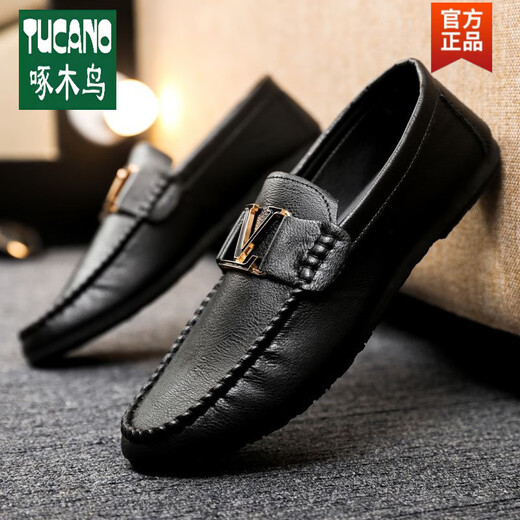 
Woodpecker Wenzhou leather shoes thin men's love beans shoes fashion spirit guy married groom Korean version small leather shoes versatile D878 black-brand flagship 39
