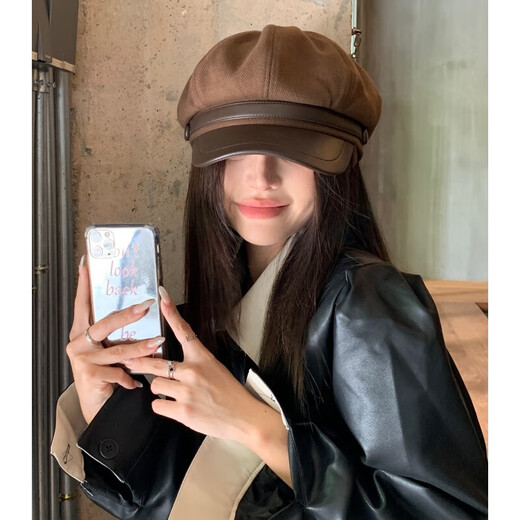 Quchen beret women's octagonal hat winter women's octagonal beret painter's hat coffee hat western Sichuan hat leather buckle beret coffee one size