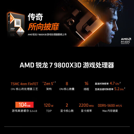 AMD锐龙CPU/R5/R7/R9/9600X/7800X3D/9800X3D盒装台式电脑散片处理器 R7 9800X3D【全新散片】